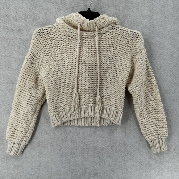 Free People Sweater‎ Womens XS Cropped Hooded Chunky Tassles Boho Ivory Tan - Picture 1 of 15